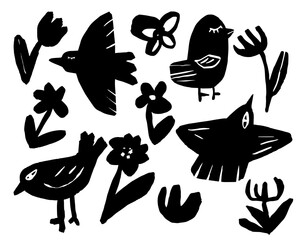 Abstract birds and flowers set, quirky hand drawn decor, vector illustration - 761697795