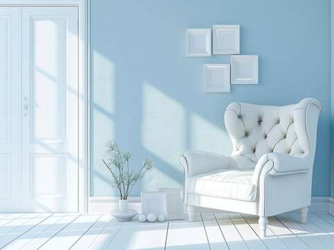 A minimalist interior featuring a white armchair and door against a blue wall, with white photo frames placed on the floor