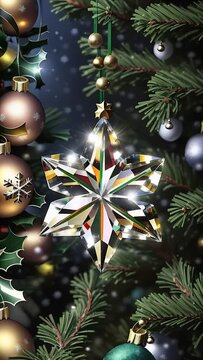 A crystal star hangs on a Christmas tree, against a background of dark green fir branches with holiday decorations
