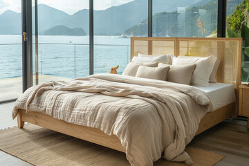 Sleek oak bed with rattan headboard, soft beige linen blanket and pillows in the bedroom of a modern house on the beach. The bedroom has a panoramic window view of the ocean and mountains