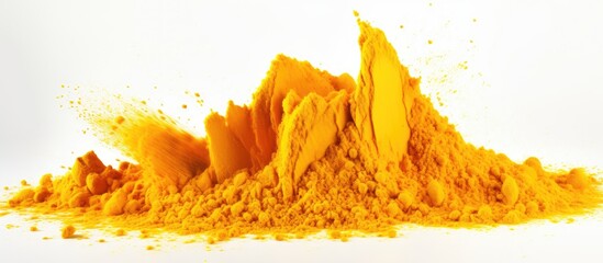A mound of turmeric powder, a staple food ingredient, sits on a white surface. This vibrant yellow powder comes from the flowering plants petal and is used in various cuisines and recipes