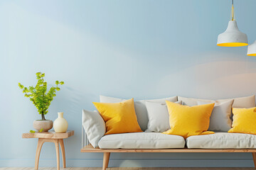 Scandinavian living room with a pastel blue wall, a wooden sofa and yellow pillows near a table in a minimalist home interior design