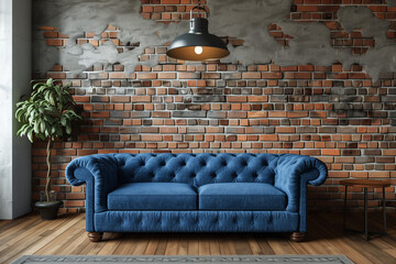 A blue sofa is positioned against a grunge brick wall with a fireplace, showcasing a loft-inspired, industrial home interior design in a modern living room