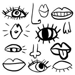 Hand drawn eyes, lips, noses, quirky vector illustration - 761698143