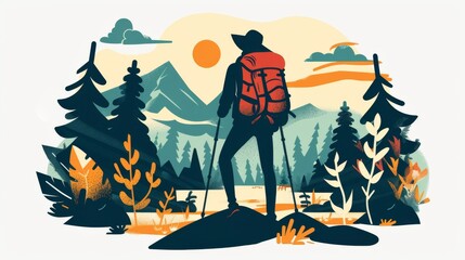 Landscape adventure mountains forest hiking outdoor background banner panorama illustration drawing for logo or t-shirt design - Breathtaking view with hiker man with backpack