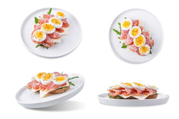 Salami sausages arugula cheese egg rye bread sandwich on a white isolated background