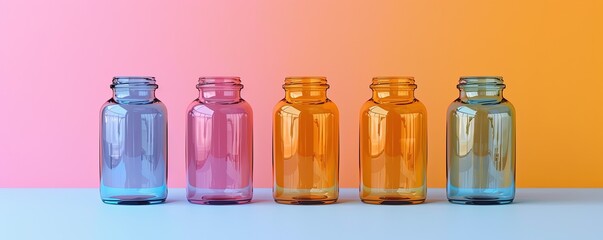 Glass medicine bottles mockup for vitamins or pills on colors