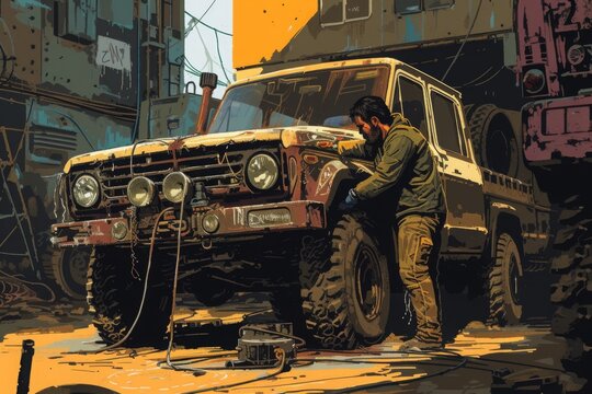The painting depicts a man actively engaged in repairing a truck, A mechanic hero in a post-apocalyptic world, fixing a vehicle, AI Generated