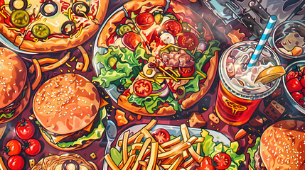 Inviting Illustration of Delicious Foods: Pizza, Soft Drink, French Fries, Burgers and Salad
