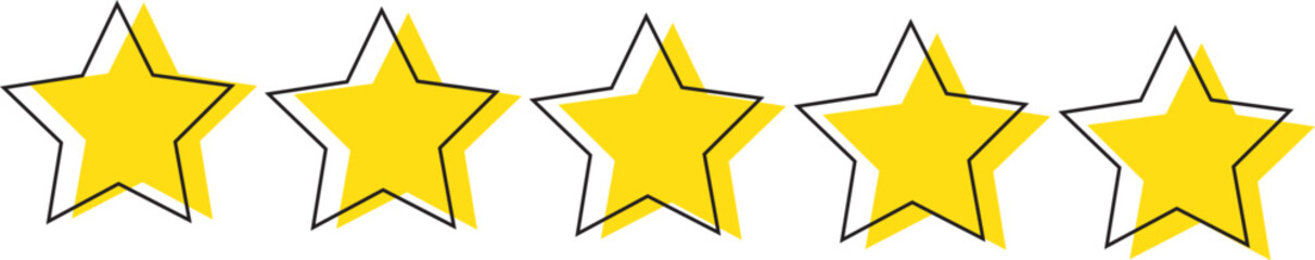 Star icon. Vector yellow isolated five stars. Customer feedback concept. Vector 5 stars rating review. Quality shape design. EPS10.