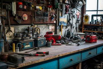 A cluttered workbench filled with an assortment of tools and equipment, A mechanic's workbench showcasing multiple vintage tools, AI Generated - Powered by Adobe