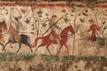 This painting depicts a scene of men riding on horses, with one man standing out as he rides on a horse, A medieval hunting party, complete with hounds and horses, AI Generated