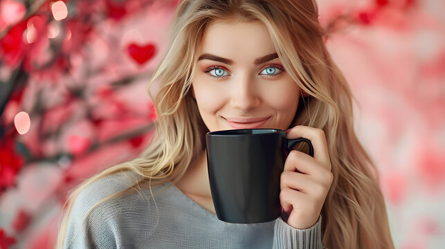 beautiful etsy mockup of a gorgeous happy girl with long blonde hair and blue eyes holding a 11oz 325ml black mug in front of her face,