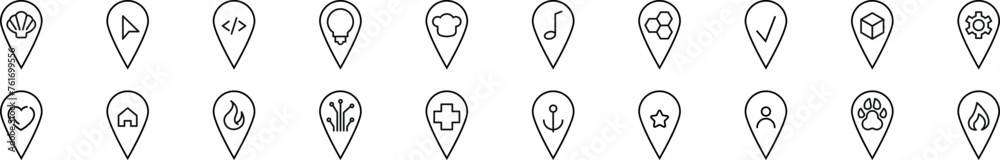 Poster collection of thin line icons of map pin. editable stroke. simple linear illustration for web sites,