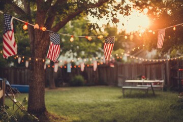 A backyard featuring a picnic table surrounded by American flags, A memorial day barbecue celebration in a backyard decorated with American flags, AI Generated