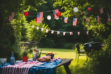 A picnic table covered in vibrant American flags, proudly displaying patriotism, A memorial day barbecue celebration in a backyard decorated with American flags, AI Generated