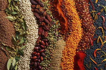 A Close Up of Various Beans, A mesmerizing pattern of spices and pulses commonly used in Indian cooking, AI Generated