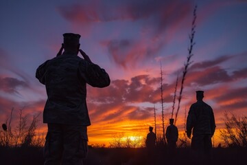 A group of men standing on top of a field, overlooking the surrounding landscape, A military salute in front of a Memorial Day dawn, AI Generated