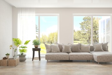 White living room with sofa and summer landscape in window. Scandinavian interior design. 3D illustration