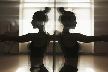 A woman stands in front of a glass door, looking out, A mirror reflection of a woman practicing yoga in a dance studio, AI Generated