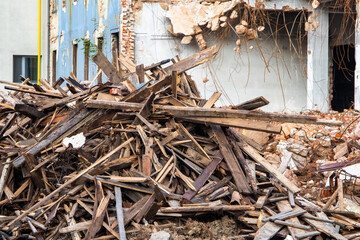 A pile of wood waste at a demolition site.