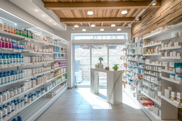 A bustling pharmacy store filled with numerous bottles containing various medications and prescriptions, A modern pharmacy with shelves full of medication, AI Generated