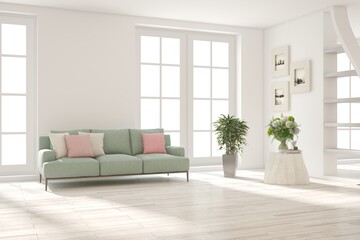 Fototapeta na wymiar White scandinavian interior design with sofa. 3D illustration
