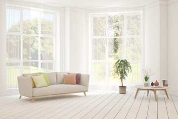 Modern interior concept with sofa and summer landscape in window. 3D illustration