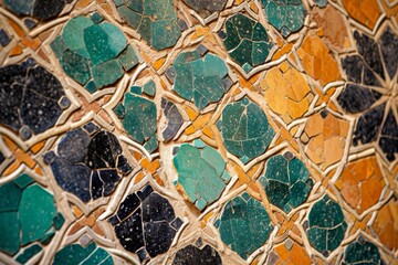 A detailed view of a mosaic tile wall showcasing intricate patterns and vibrant colors, A mosaic of tiles in an Islamic art display, AI Generated