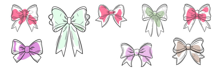 Cute doodle bow set. Hand-drawn sketch-style ribbons in different shapes. Isolated on white background. Perfect for stickers, clipart, kids and decorative projects