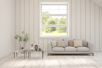 Bright interior design with modern furniture and summer landscape in window. 3D illustration