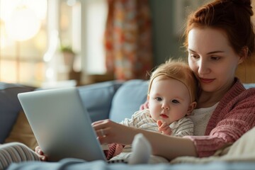 A woman is holding her baby in her arms while she looks at a laptop screen, A mother nursing a child while working on a laptop, AI Generated