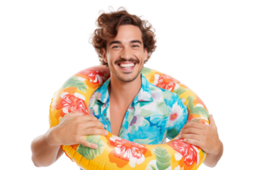 Portrait happy man with summer holiday beach outfits isolated on transparent background for realax at beach on vacation, travel and holidays vacation concept.