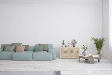 White scandinavian interior design with sofa. 3D illustration