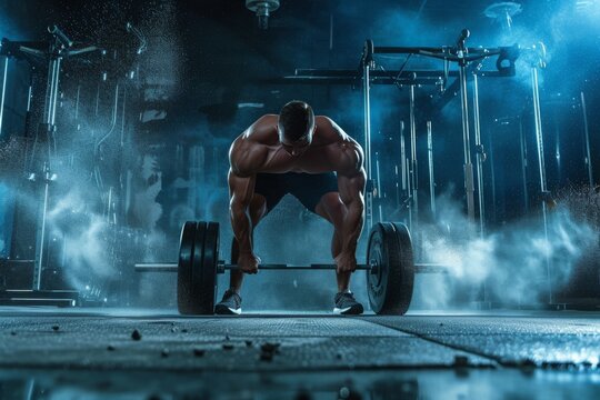 A man is seen squatting on a barbell at a gym, demonstrating strength and fitness, A motivational image of a weightlifter training hard for a competition, AI Generated