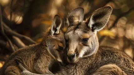 Foto op Plexiglas Animal love and affection cute joey image baby kangaroo holding on it's mother ear for comfort and feeling safe © Alexander