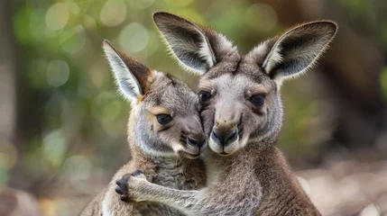 Fotobehang Animal love and affection cute joey image baby kangaroo holding on it's mother ear for comfort and feeling safe © Alexander