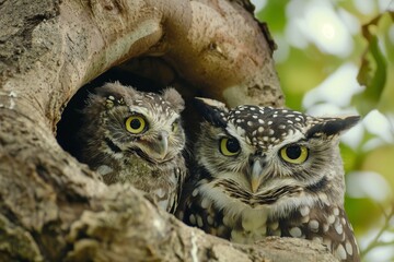 Two wild owls in a hollow tree, animals, predatory nocturnal birds