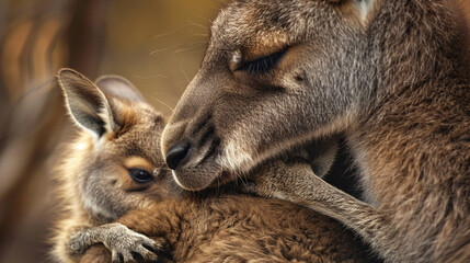 Animal love and affection cute joey image baby kangaroo holding on it's mother ear for comfort and feeling safe - obrazy, fototapety, plakaty