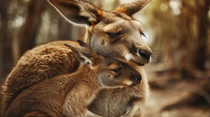 Poster Animal love and affection cute joey image baby kangaroo holding on it's mother ear for comfort and feeling safe © Alexander