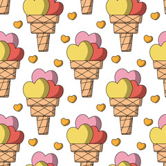 Seamless pattern with Waffle Ice Cream shaped Heart