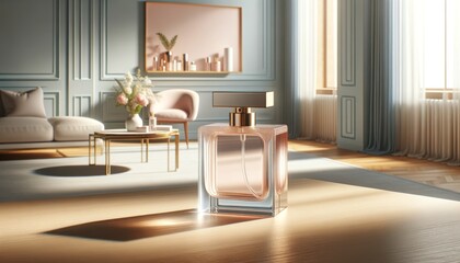 Display an elegant perfume bottle in a sleek modern interior with soft pastel tones, highlighted by gentle morning sunlight in a wide HDR format for a sophisticated look - Generative AI - obrazy, fototapety, plakaty