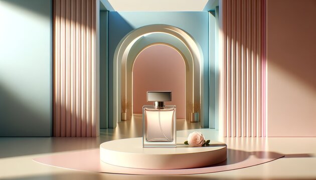 Display an elegant perfume bottle in a sleek modern interior with soft pastel tones, highlighted by gentle morning sunlight in a wide HDR format for a sophisticated look - Generative AI