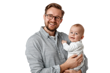 Portrait of Father holding baby with his arms isolated on transparent png background, Dad and baby moment, cute and adorable little infant.