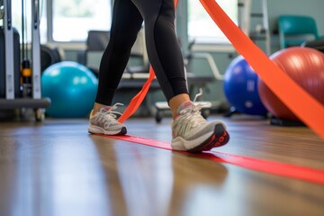 A person stands with a pair of orange tape wrapped securely around their ankles, A patient using a resistance band for physical therapy, AI Generated - obrazy, fototapety, plakaty