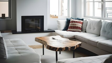 Rustic coffee table beside white sofa near window. Scandinavian-style living room with fireplace.