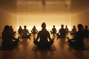 A diverse group of individuals gathering in a room to engage in a yoga session, performing various poses and stretches, A peaceful scene of a guided meditation class, AI Generated - obrazy, fototapety, plakaty