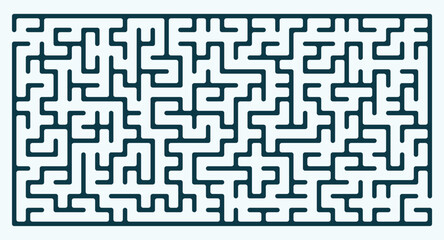 Rectangle shaped labyrinth (maze) design. Vector graphic illustration of medium difficulty puzzle and fun maze (labyrinth) game. - obrazy, fototapety, plakaty