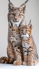 Fototapeta premium Portrait of a male bobcat with a bobcat kitten, featuring spacious left area for adding text