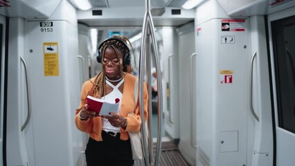 Cheerful African American female student with vitiligo, listen to music while standing at subway car reading book and feeling rhythm of song.Carefree young woman enjoy leisure with literature in metro